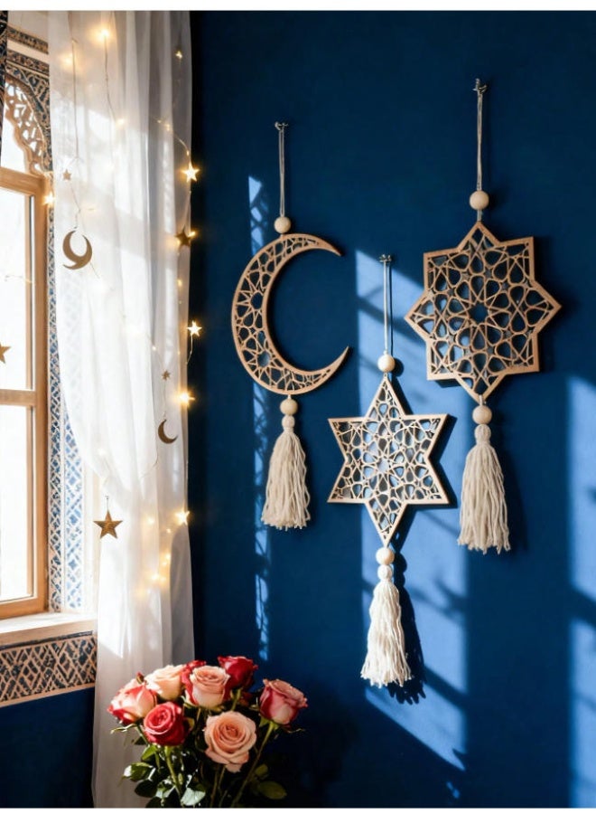 أكسلوت زينة عيد رمضان، طقم زينة رمضان إسلامي خشبي، زينة جدارية على شكل هلال ونجمة مع شرابات، طقم زينة جدارية خشبي مجوف رقيق مكون من 3 قطع مع شرابات - Image 3