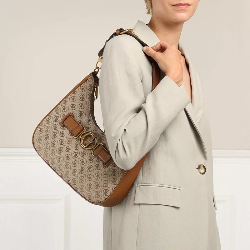 جس حقيبة نسائية من أفيانا بشعار جاكارد وجلد صناعي - بني - Image 2