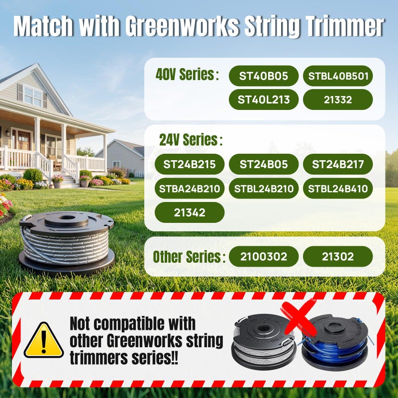 YWTESCH 0.065" Single Line Trimmer String Spool Fit for Greenworks Trimmer, 16Ft Auto-Feed Weed Wacker String Replacement Parts Compatible with Greenworks Weed Eater(6 Spool+2 Cap) - Image 2