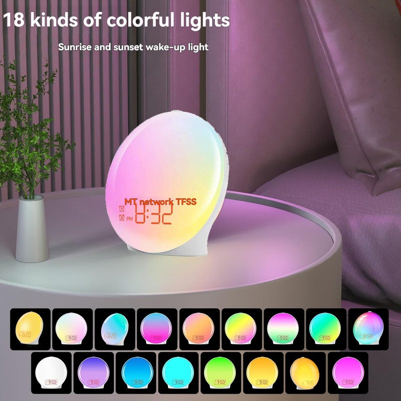 ضوء الاستيقاظ الملون يحاكي شروق الغروب والشمس، ضوء بيئي RGB، ضوء رأس السرير في غرفة النوم، ضوضاء بيضاء مع ضوء ليلي - Image 5
