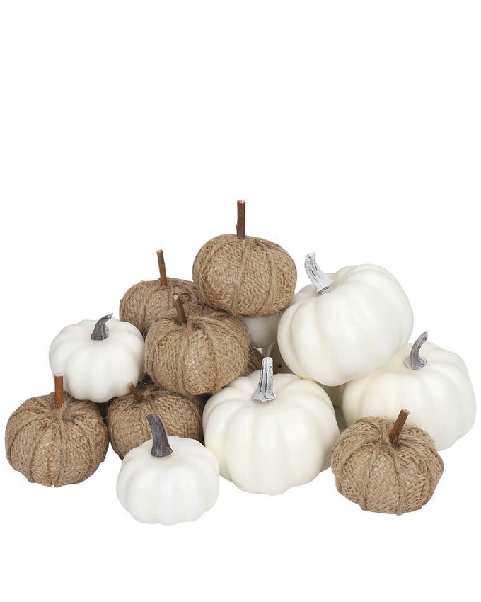 FABRIC AND WHITE PUMPKINS ASSORTED SIZE 16PCS BURLAP FOR RUSTIC FALL DECOR PERFECT HALLOWEEN THANKSGIVING DECORATION WEDDING