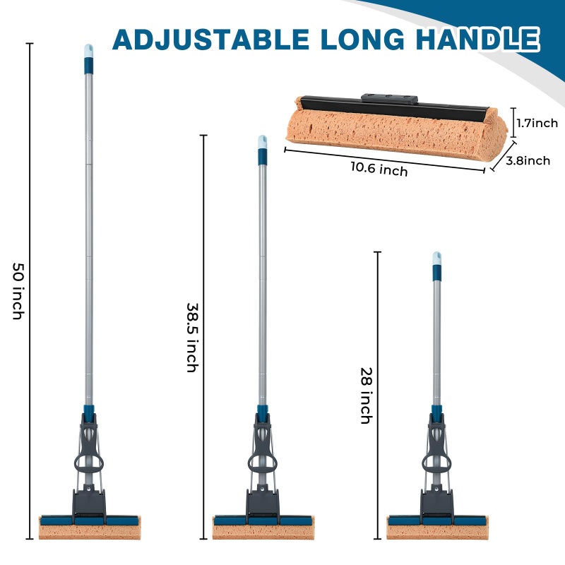 TreeLen Sponge Mop for Floor Cleaning, 50" Heavy Duty Roller Mop with 4 Cellulose Refill Heads, Easy Self-Squeeze for Hardwood Tile Concrete, Wall Ceiling - Image 2