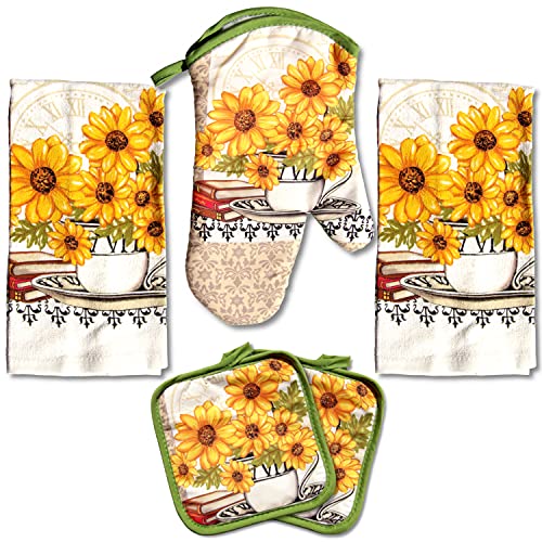 Lobyn Value Packs: Bright Sunflower 5-Piece Kitchen Set – 2 Soft Terry Dish Towels and 2 Quilted Potholders & 1 Oven Mitt for Everyday Use - Image 1
