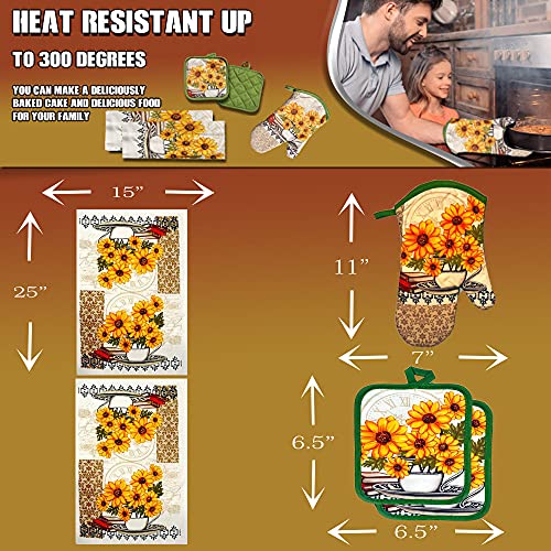Lobyn Value Packs: Bright Sunflower 5-Piece Kitchen Set – 2 Soft Terry Dish Towels and 2 Quilted Potholders & 1 Oven Mitt for Everyday Use - Image 4