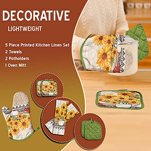 Lobyn Value Packs: Bright Sunflower 5-Piece Kitchen Set – 2 Soft Terry Dish Towels and 2 Quilted Potholders & 1 Oven Mitt for Everyday Use - Image 2
