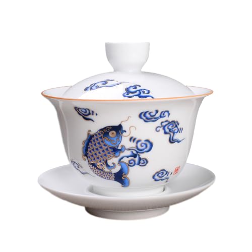 Woonsoon Jingdezhen Chinese Porcelain Gaiwan Handmade 7oz/200ml Kungfu Teacup White Glazed Tureen Chinese Sancai Cover Bowl Lip Cup Saucer Set Traditional Teaware Tea Set (Fish) - Image 1