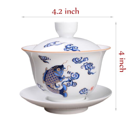 Woonsoon Jingdezhen Chinese Porcelain Gaiwan Handmade 7oz/200ml Kungfu Teacup White Glazed Tureen Chinese Sancai Cover Bowl Lip Cup Saucer Set Traditional Teaware Tea Set (Fish) - Image 5