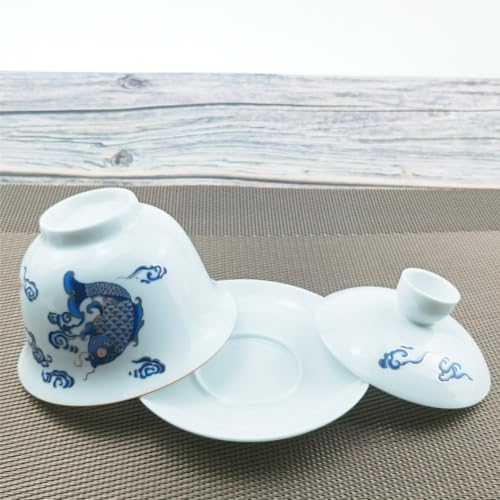 Woonsoon Jingdezhen Chinese Porcelain Gaiwan Handmade 7oz/200ml Kungfu Teacup White Glazed Tureen Chinese Sancai Cover Bowl Lip Cup Saucer Set Traditional Teaware Tea Set (Fish) - Image 4