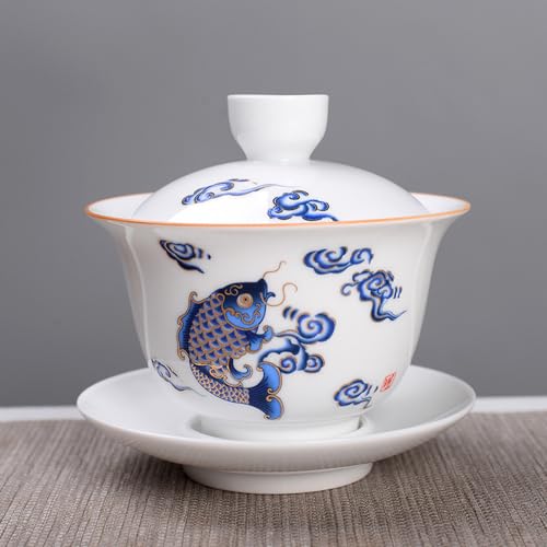 Woonsoon Jingdezhen Chinese Porcelain Gaiwan Handmade 7oz/200ml Kungfu Teacup White Glazed Tureen Chinese Sancai Cover Bowl Lip Cup Saucer Set Traditional Teaware Tea Set (Fish) - Image 3