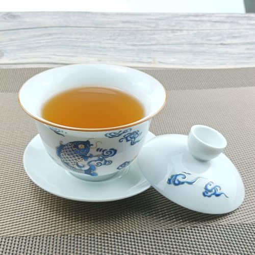 Woonsoon Jingdezhen Chinese Porcelain Gaiwan Handmade 7oz/200ml Kungfu Teacup White Glazed Tureen Chinese Sancai Cover Bowl Lip Cup Saucer Set Traditional Teaware Tea Set (Fish) - Image 2