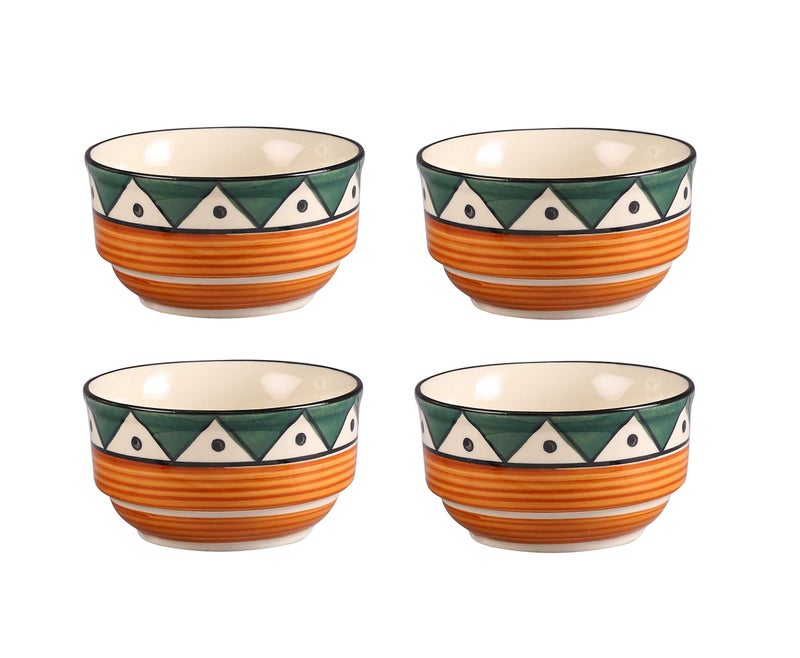 Caffeine Ceramic Handmade Green Tribal Katori Bowl Set of 4, 200 ml Capacity, Stoneware - Image 5