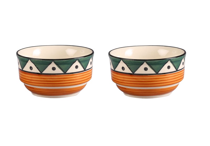 Caffeine Ceramic Handmade Green Tribal Katori Bowl Set of 4, 200 ml Capacity, Stoneware - Image 2