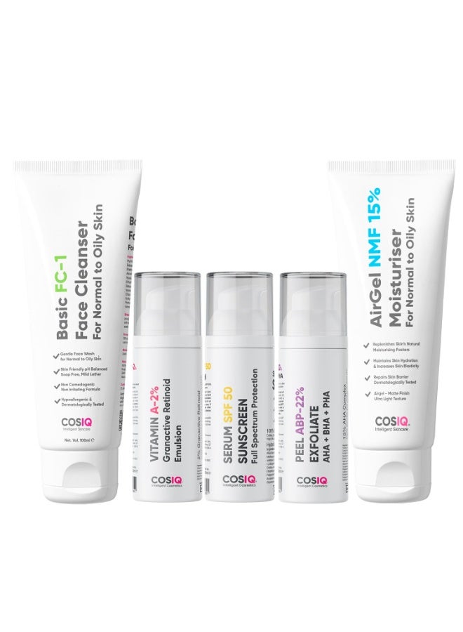 CosIQ Cos-IQ  SPF 50 Sunscreen 30 ml, ABP 22% Exfoliating Peel 30 ml, A-2% Granactive Retinoid Emulsion 30ml, AirGel NMF 15% Moisturizer 100ml and FC-1 Face Wash, 100ml - Image 1