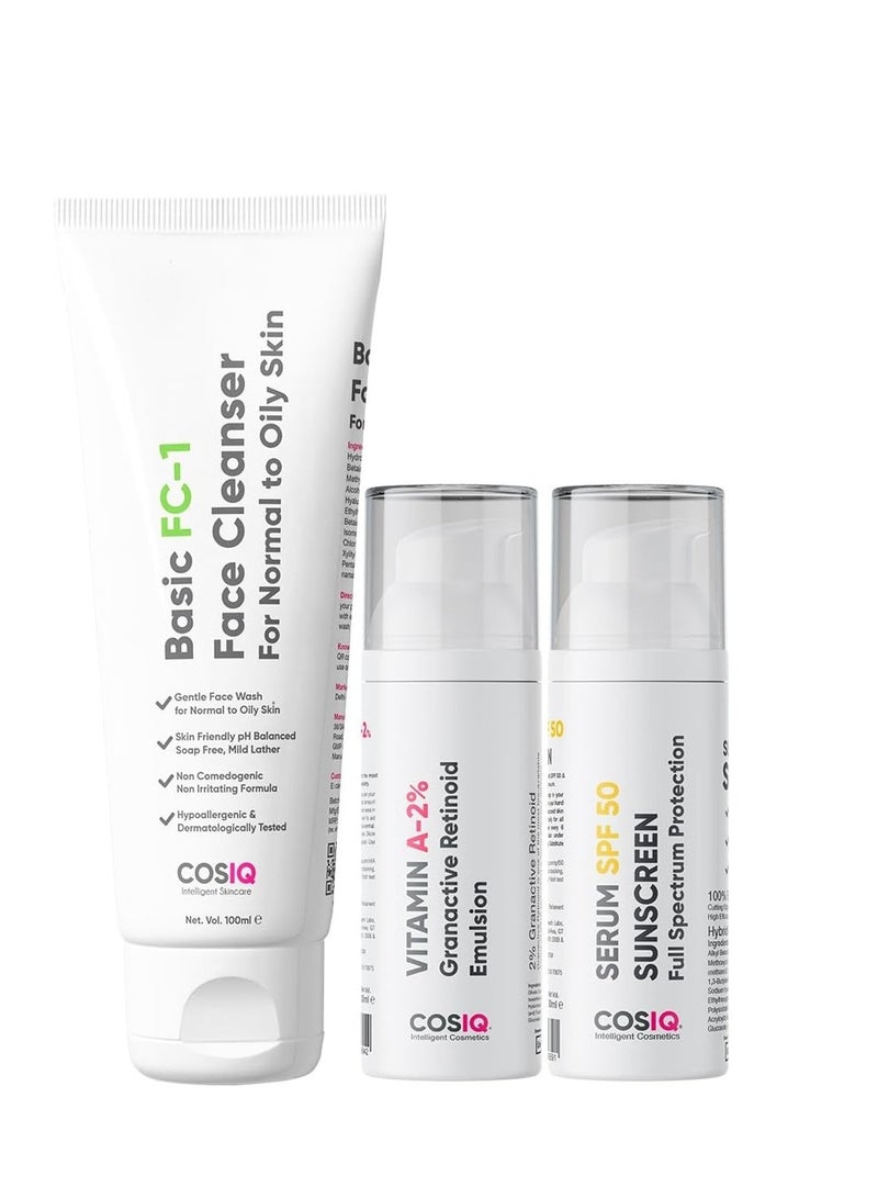 CosIQ Cos-IQ  SPF 50 Sunscreen 30 ml, ABP 22% Exfoliating Peel 30 ml, A-2% Granactive Retinoid Emulsion 30ml, AirGel NMF 15% Moisturizer 100ml and FC-1 Face Wash, 100ml - Image 2