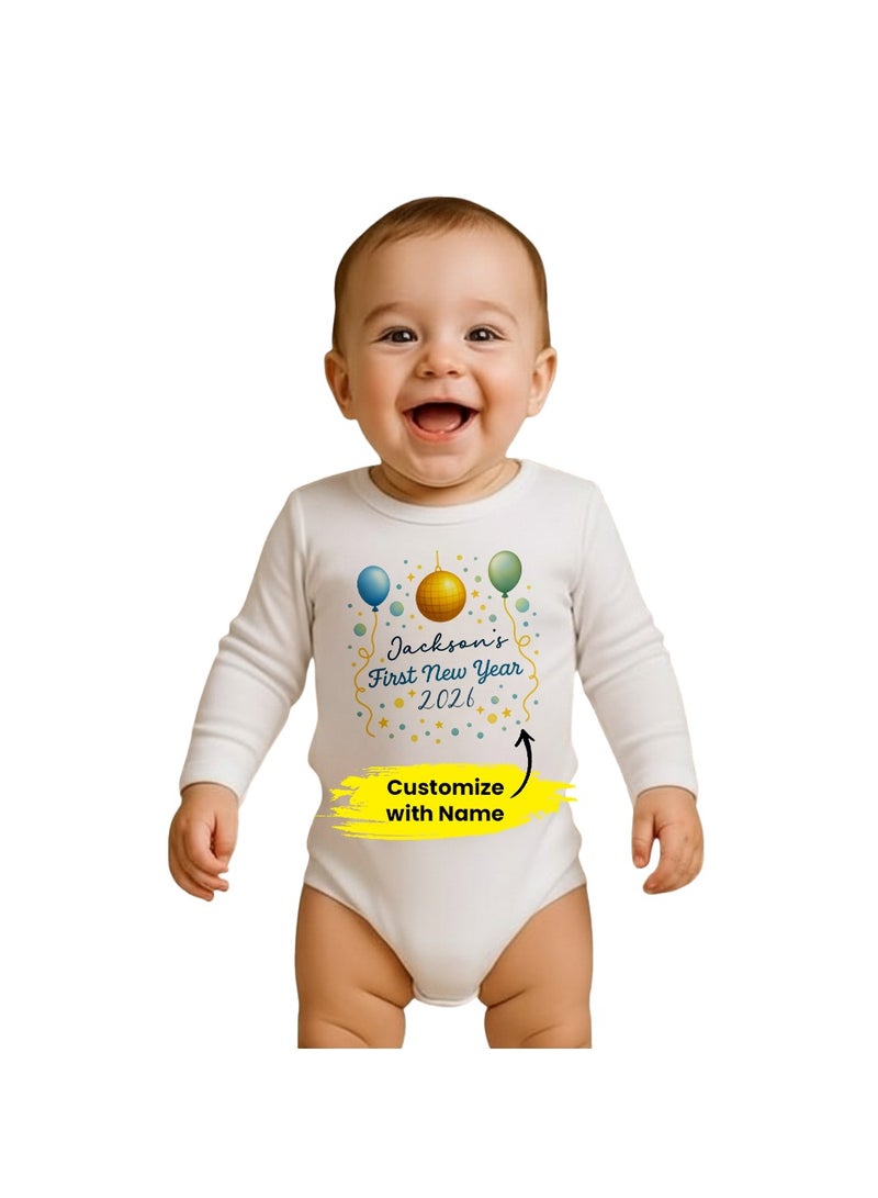 PRINTSHOP4ME Personalized New Year Baby Romper – Full Sleeve 100% Cotton Soft Bodysuit For Boys & Girls | Custom Your Name | Festive Unisex Baby Outfit & Holiday Gift - Image 1