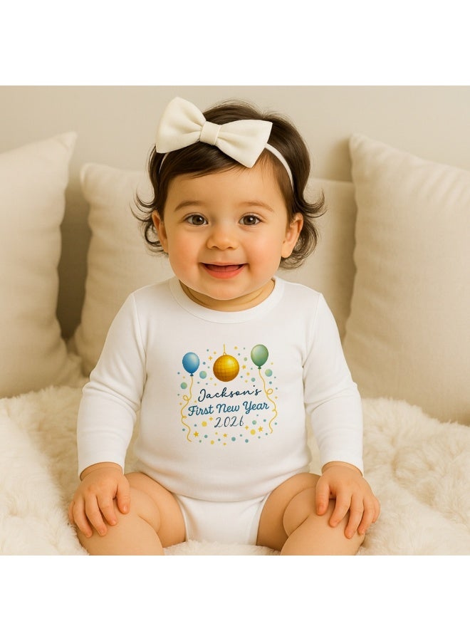 PRINTSHOP4ME Personalized New Year Baby Romper – Full Sleeve 100% Cotton Soft Bodysuit For Boys & Girls | Custom Your Name | Festive Unisex Baby Outfit & Holiday Gift - Image 2
