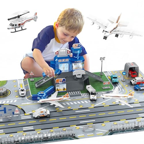 WASAiKA Airplane Toy Set Airport Playset for Toddlers with TrucksPlanes Helicopter Signs and Fabric Airport Playmat Interactive Early Learning Toys Birthday Gift for Boys and Girls Age 2 3 4 5 - Image 1