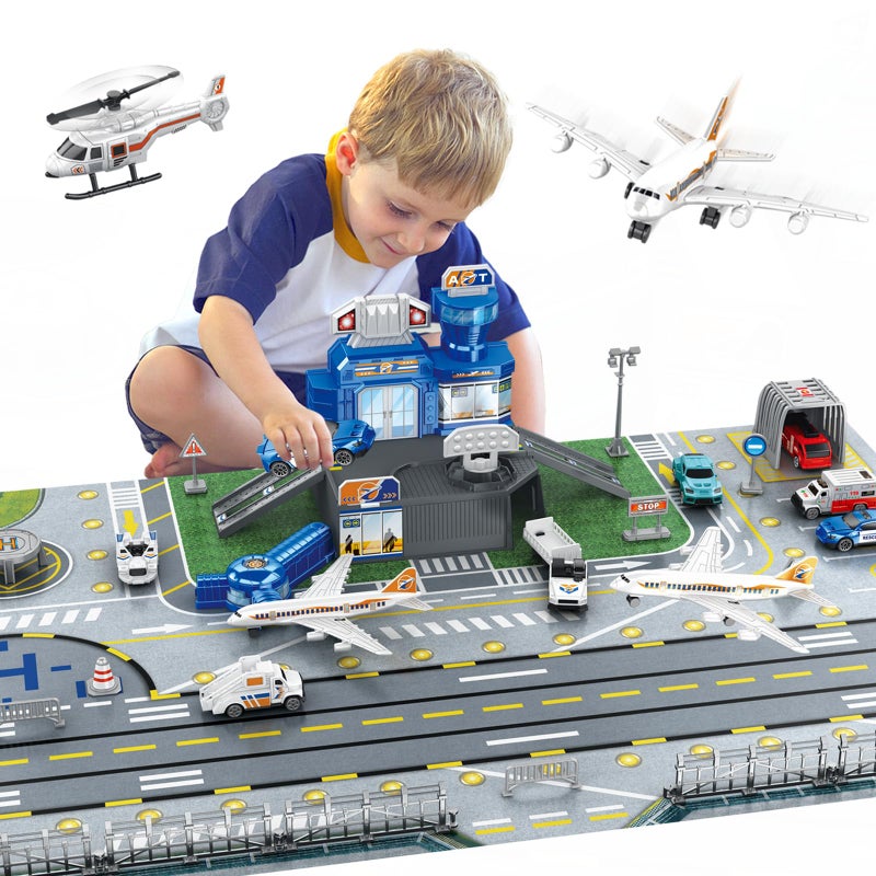 WASAiKA Airplane Toy Set Airport Playset for Toddlers with TrucksPlanes Helicopter Signs and Fabric Airport Playmat Interactive Early Learning Toys Birthday Gift for Boys and Girls Age 2 3 4 5 - Image 4
