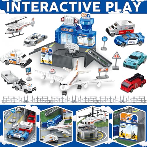 WASAiKA Airplane Toy Set Airport Playset for Toddlers with TrucksPlanes Helicopter Signs and Fabric Airport Playmat Interactive Early Learning Toys Birthday Gift for Boys and Girls Age 2 3 4 5 - Image 5