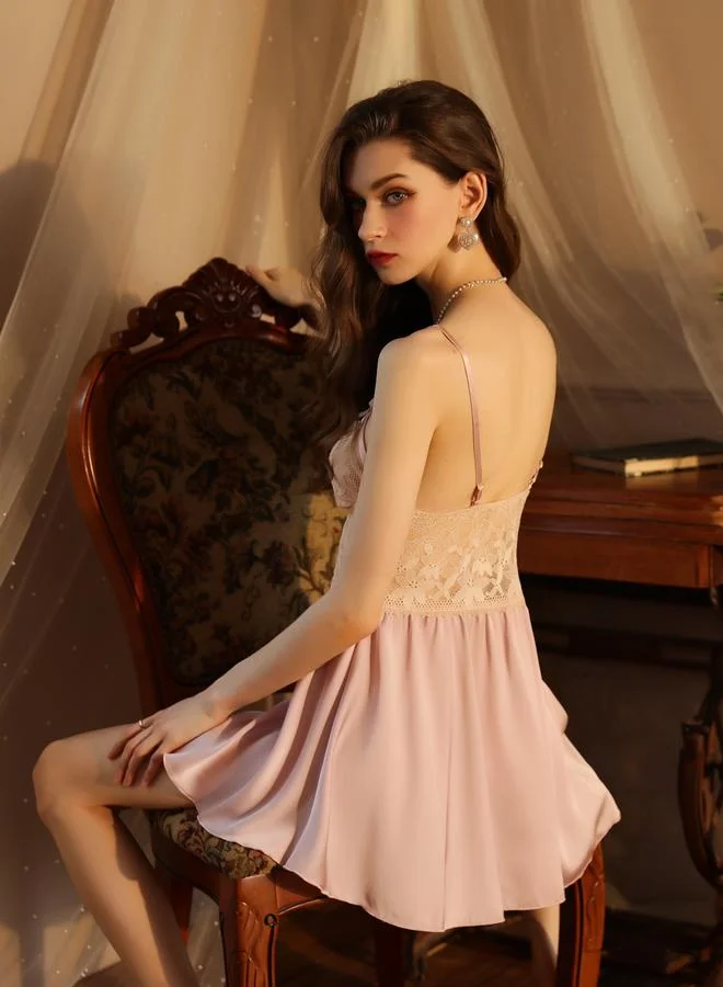 Take Two Pink Bow Detail Lace Babydoll