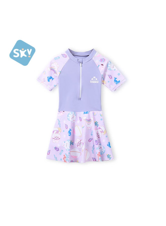 Shubeyi Children's Short Sleeve Swimsuit Summer Princess Dress One-piece Swimwear For Girls Purple 120