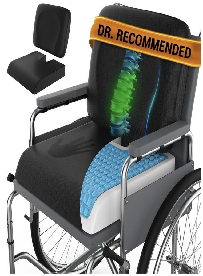 CUSHIO Wheelchair Cushion for Pressure Relief - (2-Piece Set) 18”x16” Anti-Slip Wheelchair Seat Cushions for Adults, Seniors with Lumbar Pillow and Removable Strap, Gel Cushion for Wheelchair - Image 1