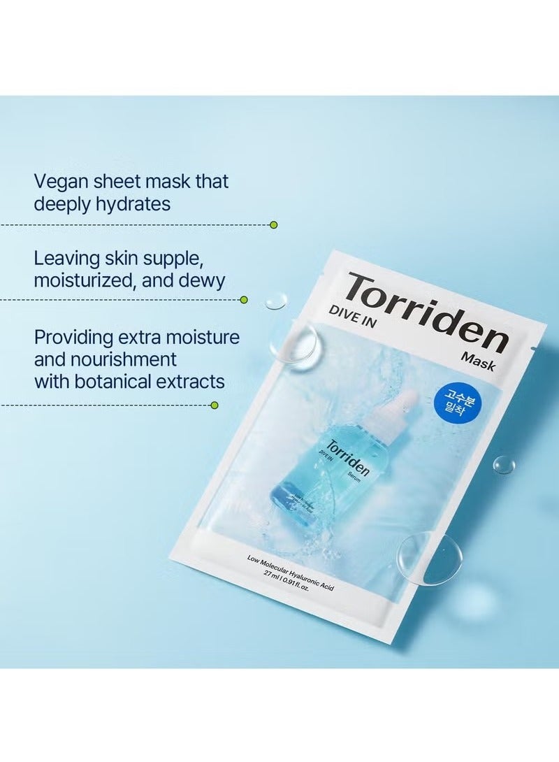 DIVE IN Hyaluronic Acid Facial Mask (10 sheets) | Extra Moisturizing Care | Hyaluronic Acid, Panthenol, Allantoin | Korean Face Mask