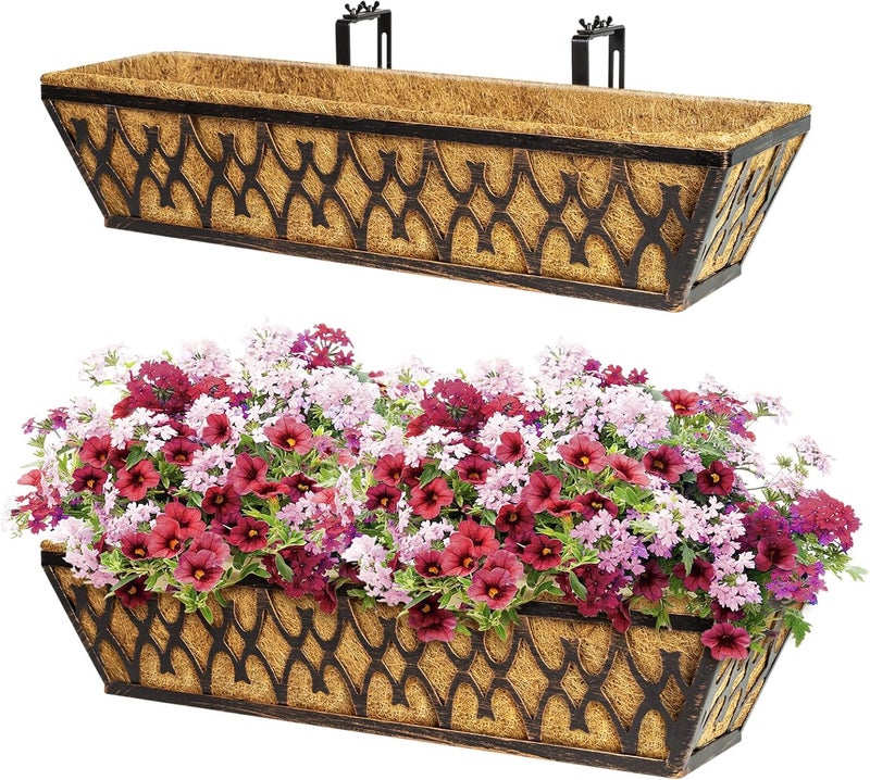 Karlliu Window Boxes Planters: 2 Pack 24 Inch Railing Planter Box with Adjustable Brackets for Porch Fence Patio Balcony Hanging Flower Baskets with Coco Liners for Outdoor Garden Decor - Bronze - Image 1