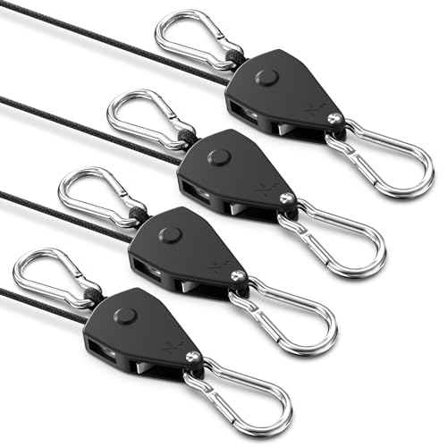 VIPARSPECTRA Retractable Heavy Duty Ratchet Tie Down Straps [4 Pack, 8ft, 75lbs/Pack], Rope Pulley System Rollers with Carabiner Hook for Kayak/Hanging Plants/Grow Light/Tents Various Tie-Down Uses - Image 1