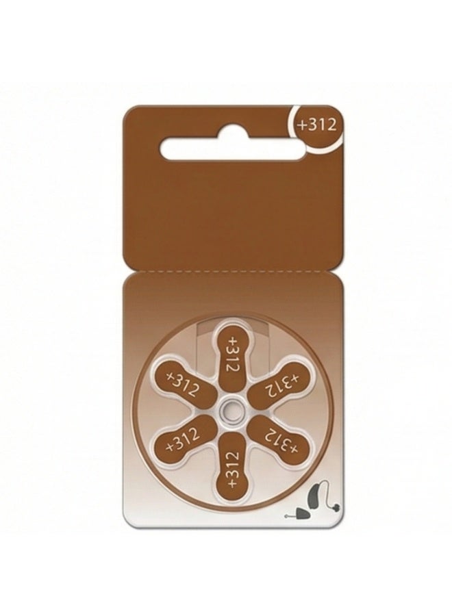بطارية سماعة الأذن حجم 312 1.45 فولت (علامة بنية) - بديل زرية PR41 لسماعات الأذن الرقمية RIC و BTE [عبوة من 6] - تدوم طويلاً وصوت واضح - Image 1