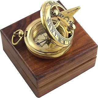 collectiblesBuy collectiblesBuy Marine Sundial Compass with Nautical Solid Wooden Box Vintage Brass Ship Navigate Device Nautical Gift  - Image 1