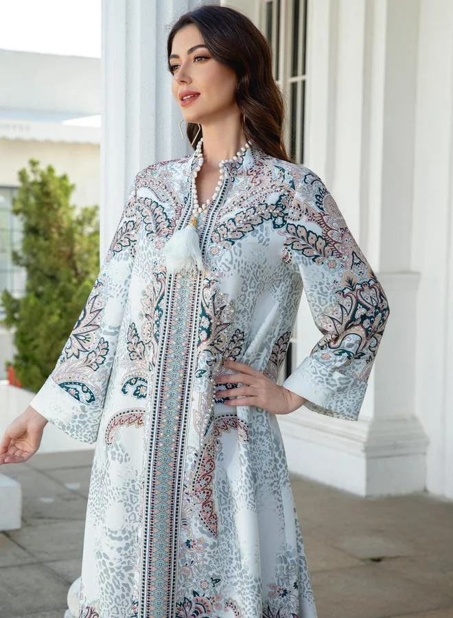 تايك تو جلابية مزينة بطبعة مطبوعة وتفاصيل لؤلؤ صناعي