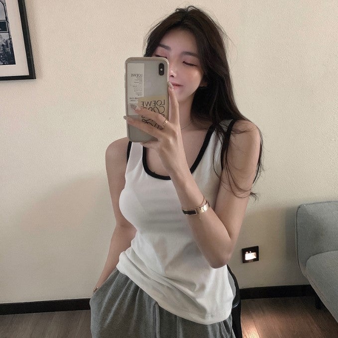Chubby Girl Plus Size Color Contrast Camisole Women'S Summer Sports Inner Wear White Base Shirt Top Instagram Trendy - Image 2