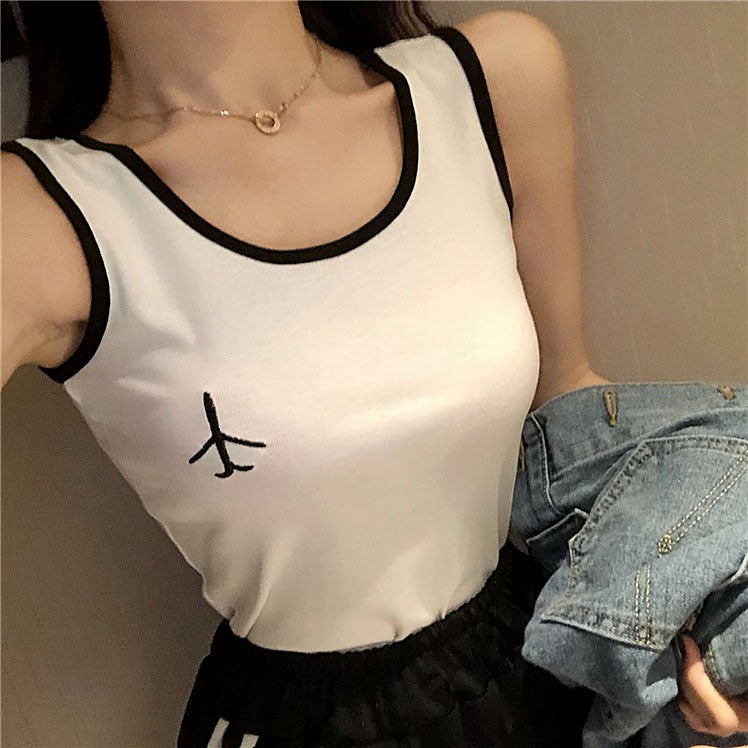 Chubby Girl Plus Size Color Contrast Camisole Women'S Summer Sports Inner Wear White Base Shirt Top Instagram Trendy - Image 1