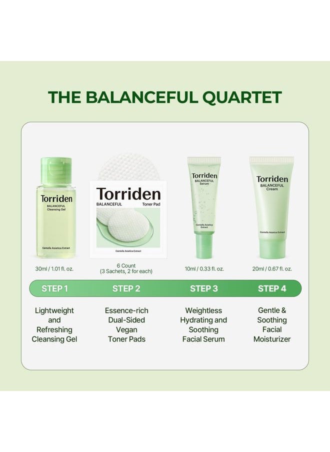 Torriden - BALANCEFUL Cica Trial Kit, 5D Cica Infused Daily Skincare Kit - 4 Step Regimen with Cleansing Gel, Toner Pad, Serum, and Cream | Korean Skin Care Set - Image 1