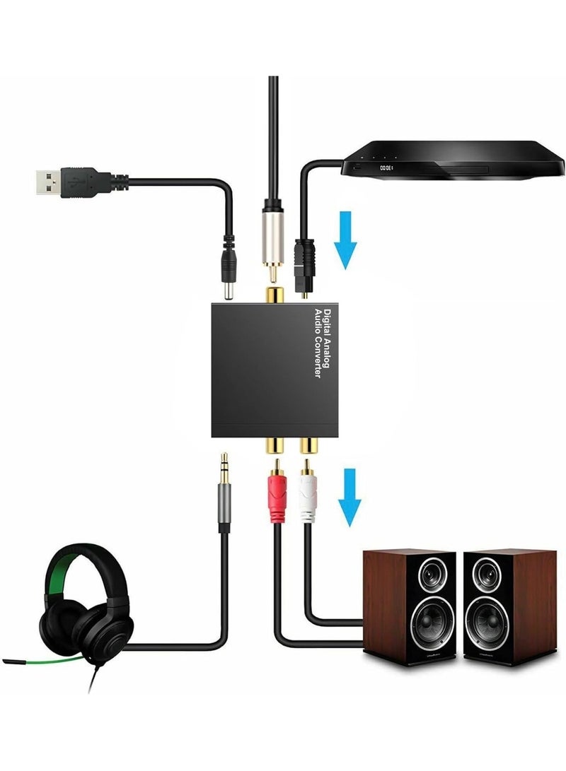 محول صوت رقمي (Toslink/SPDIF ضوئي ومحوري) إلى تناظري، ومحول صوت ستيريو (من ضوئي إلى RCA) مزود بمخرج AUX 3.5 مم؛ جهاز فك تشفير صوت رقمي متوافق مع أجهزة التلفاز، وأنظمة المسرح المنزلي، ومكبرات الصوت، وسماعات الرأس، وأنظمة الصوت، وأجهزة الوسائط المتعددة. - Image 5