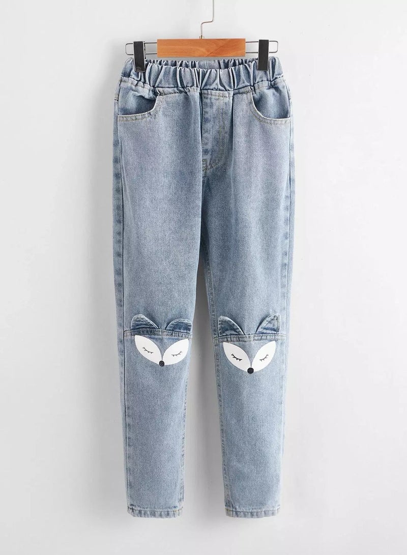 Girls Cartoon Graphic 3D Ear Design Carrot Jeans  - Image 1