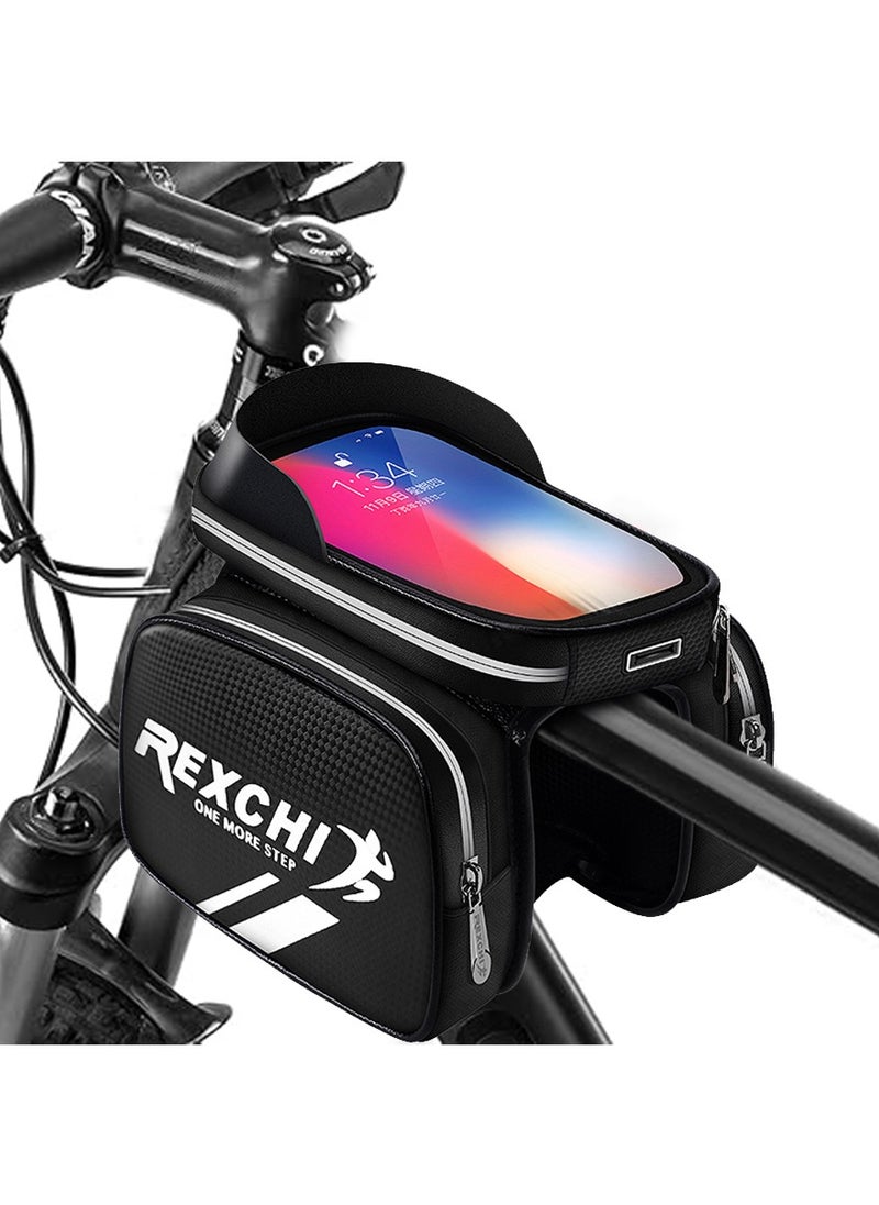REXCHI Bicycle Frame Bag, Waterproof Bike Frame Bag, Detachable Bike Pouch Bag Bike Handlebar Bag, Cycling Front Top Tube Touchscreen Phone Mount for Smartphone up to 6.5''  - Image 1