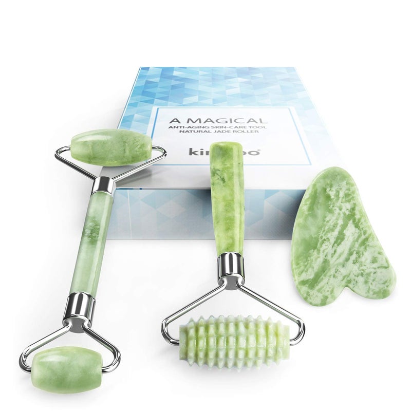 kimkoo Jade Roller and Gua Sha for Face-3 in 1 Kit with Facial Massager Tool,100% Real Natural Jade Stone Anti Aging,Face Beauty Set for Eye Anti-Wrinkle - Image 1