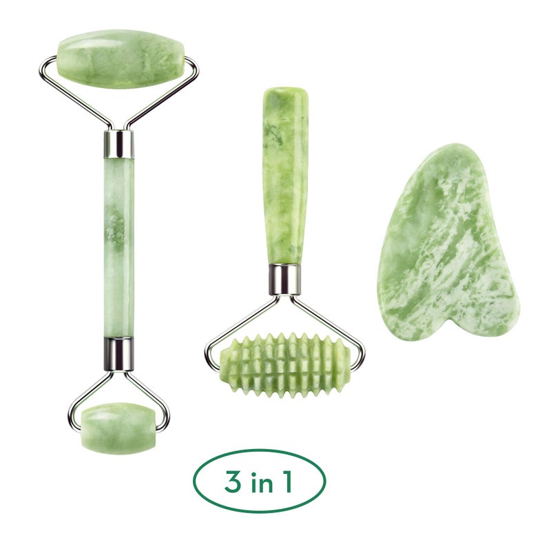 kimkoo Jade Roller and Gua Sha for Face-3 in 1 Kit with Facial Massager Tool,100% Real Natural Jade Stone Anti Aging,Face Beauty Set for Eye Anti-Wrinkle - Image 2
