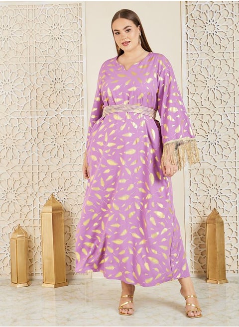 Feather Foil Print Tassel Trim Sleeves Jalabiya