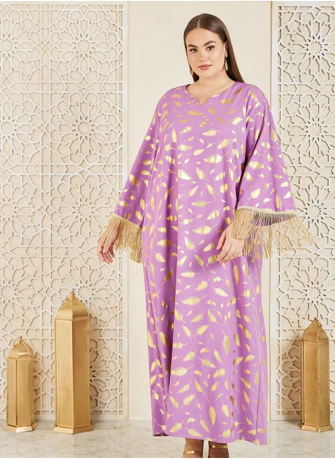 Styli Feather Foil Print Tassel Trim Sleeves Jalabiya