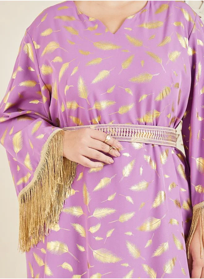 Styli Feather Foil Print Tassel Trim Sleeves Jalabiya