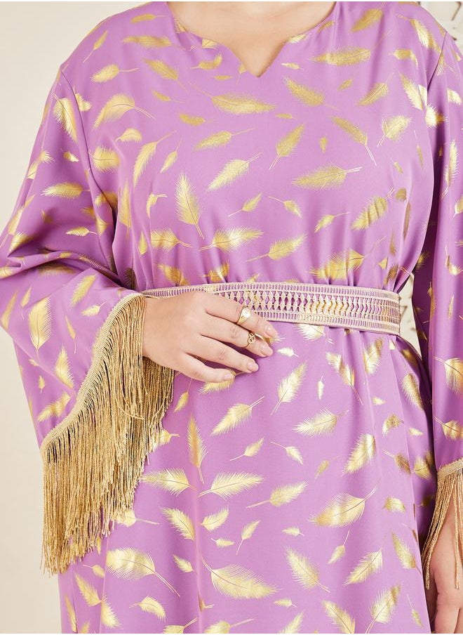 Styli - Feather Foil Print Tassel Trim Sleeves Jalabiya - Image 1