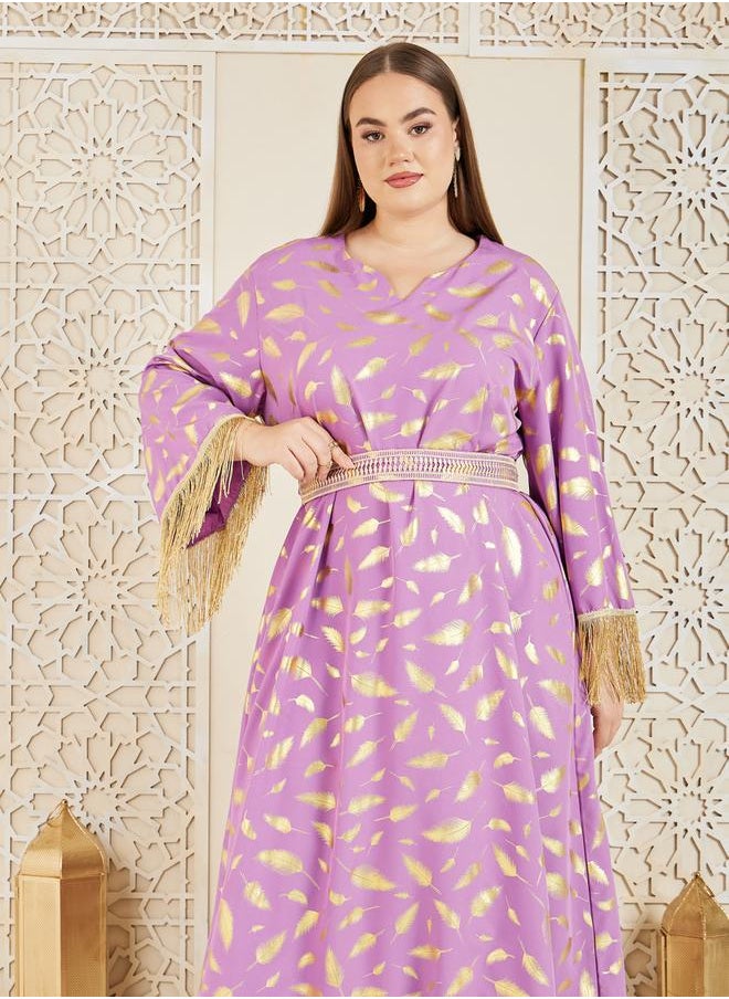 Styli - Feather Foil Print Tassel Trim Sleeves Jalabiya - Image 1
