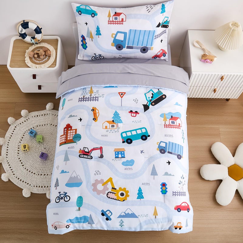 NacoMoco 4-Piece Cars Toddler Bedding Set for Boys Girls- Soft & Skin Friendly Toddler Bed Set Includes Toddler Comforter, Flat Sheet, Fitted Sheet and Pillowcase (Light Blue) - Image 1
