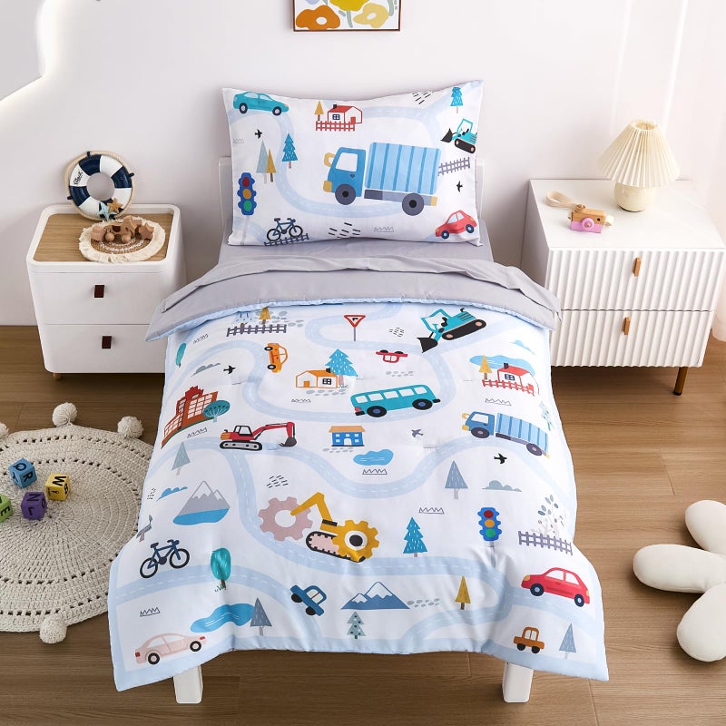NacoMoco 4-Piece Cars Toddler Bedding Set for Boys Girls- Soft & Skin Friendly Toddler Bed Set Includes Toddler Comforter, Flat Sheet, Fitted Sheet and Pillowcase (Light Blue) - Image 2