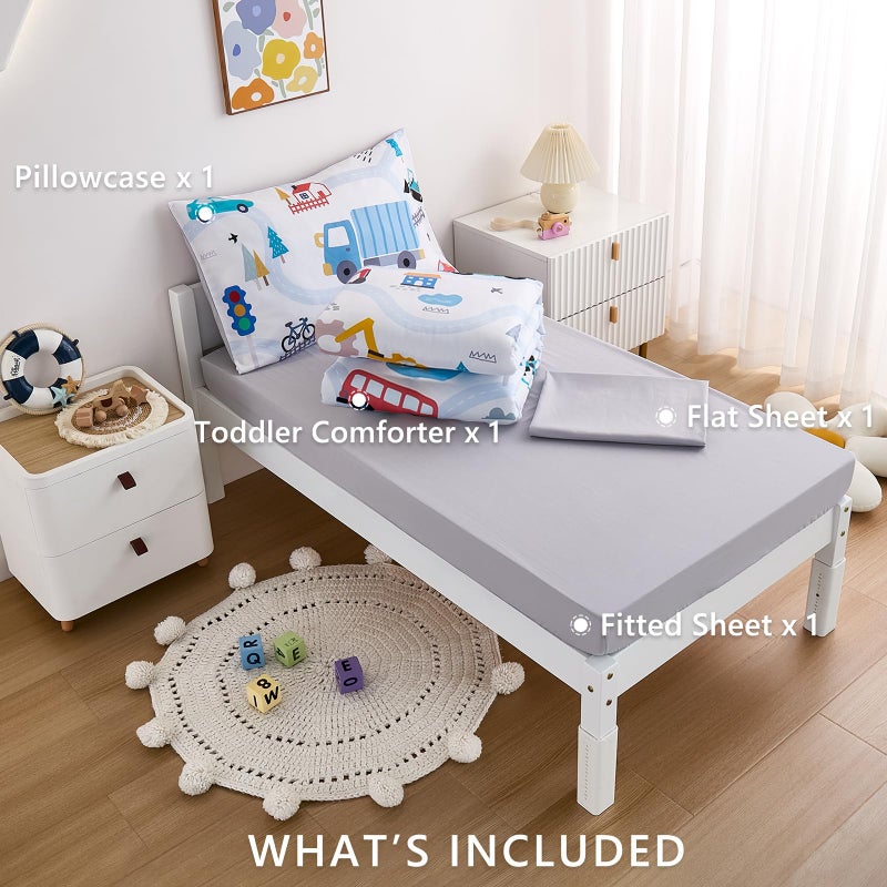 NacoMoco 4-Piece Cars Toddler Bedding Set for Boys Girls- Soft & Skin Friendly Toddler Bed Set Includes Toddler Comforter, Flat Sheet, Fitted Sheet and Pillowcase (Light Blue) - Image 4