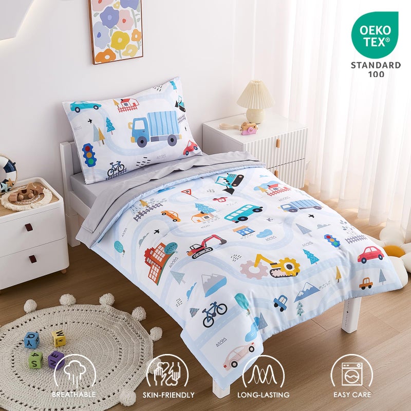 NacoMoco 4-Piece Cars Toddler Bedding Set for Boys Girls- Soft & Skin Friendly Toddler Bed Set Includes Toddler Comforter, Flat Sheet, Fitted Sheet and Pillowcase (Light Blue) - Image 3
