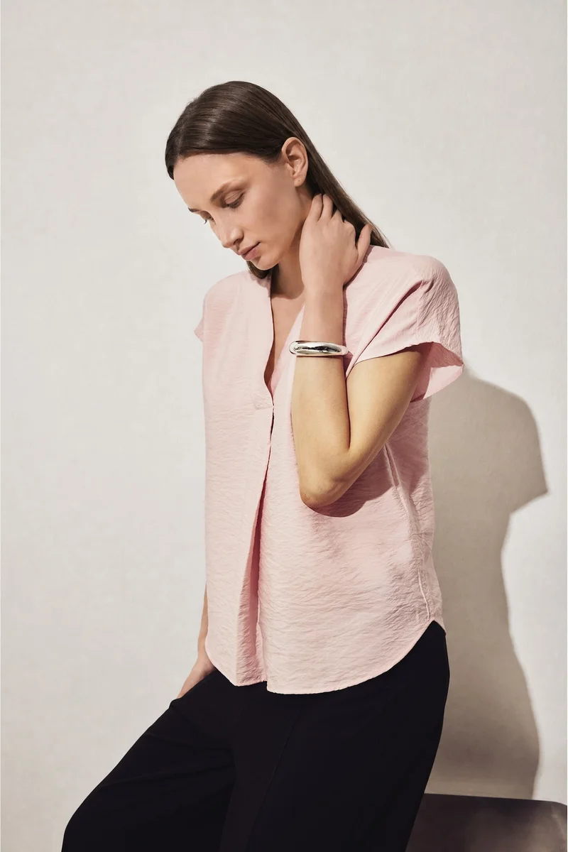 Defacto Light Pink Crew Neck Short Sleeve Blouse
